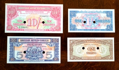 Vales especiales de las Fuerzas Armadas Británicas de la Segunda Guerra Mundial: billetes de 10/-, 5/-, 1/-, 1/- chelín Foto 1 de 2