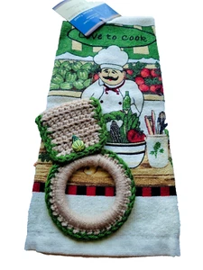 NEW Chef Love To Cook Kitchen Towel with Crochet Towel Ring Holder 2pc Set - Picture 1 of 5