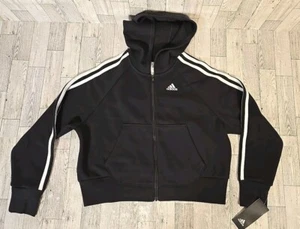 Adidas Track Jacket MEDIUM 10-12 Girls 3 Stripes Black Full Zipper Hooded NEW - Picture 1 of 9