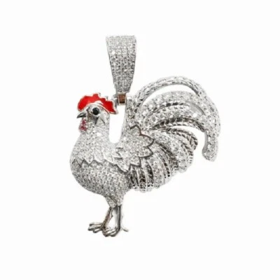 Sterling Silver Rooster Red Enamel Hip Hop Pendant with CZ Stones - Image 1 of 2