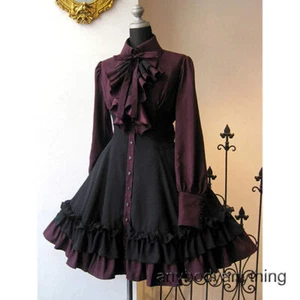 Womens Halloween Retro Gothic Long Sleeves Victorian Bow Dress Ruffle Summer - Picture 1 of 20