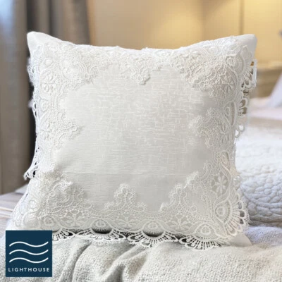 Pack of 2 Soft White Lace Damask Cushion Covers Vintage 16" Crochet Square - Image 1 of 4