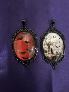 Set Of Two Gothic Cameo Fashion Jewelry Pendants Bats, Raven, Cemetery - Picture 1 of 11