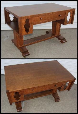 Beefy Antique Arts & Crafts Mission Oak Library Desk Table Bookshelf Ends Office Cover