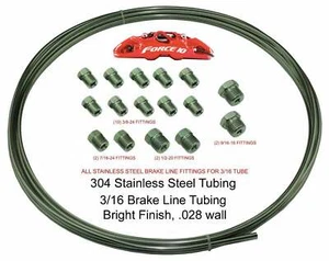 Stainless Steel Brake Line Tubing Kit 3/16 OD Coil Roll, SAE Tube Fitting 17 pcs - Picture 1 of 4