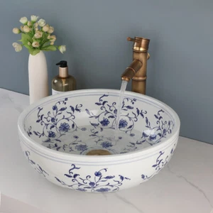 Blue Flower Bathroom Vessel Sink 16" White Ceramic Basin Bowl Vintage Faucet Set - Picture 1 of 17