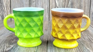 Vtg Fire-King Anchor Hocking Diamond Pedestal Mug Green Yellow Retro Mid Century - Picture 1 of 13