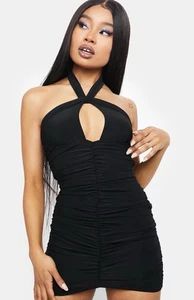 Sexy Mini Vestido BEBE Negro Ojo de Cerradura Halter Scrunch Club Para Mujer XS NUEVO CON ETIQUETAS�� - Imagen 1 de 16