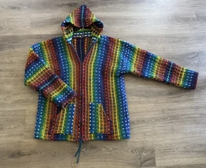 Vintage 90’s Y2K HAND MADE Hooded RAINBOW Woven HIPPIE Surfer FULL ZIP Jacket L/XL - Bild 1 von 7
