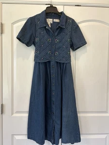 Vintage Denim Embroidered Maxi Vest Dress 90s Cottagecore Teacher Boho Size 10 - Picture 1 of 7