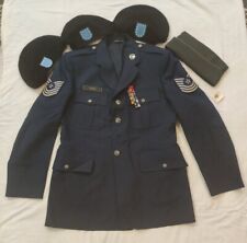 US Military Apparel Items Mixed Lot. USAF Dress Blue Jacket, Pin, US Army Hats