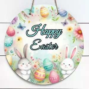 Coniglietto Conigli Happy Easter 10" Insegna Tonda in Metallo per Porta Interno/Esterno (Teal) - Foto 1 di 1