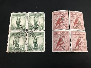 AUSTRALIA KGV 1932 LYREBIRD SG140 & KOOKABURA SG146 BLOCKS OF 4 USED **DD146 - Picture 1 of 3