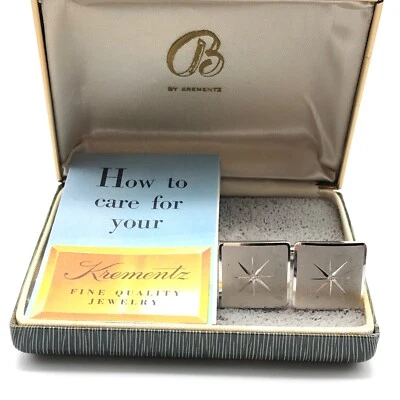 Krementz Vintage 925 Sterling Silver Star Etched Chunky Square Cuff Links W/ Box - Image 1 of 4