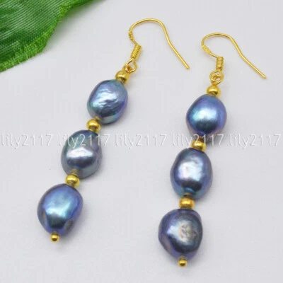 Pendiente colgante gancho barroco perla cultivada natural real negro pavo real 9-10 mm AAA Foto 1 de 4