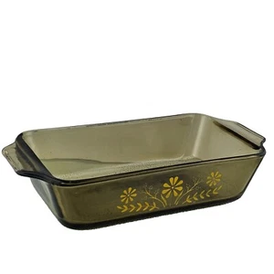 Jeannette McKee Glasbake Amber Brown Loaf Pan 9x5" yellow daisy textured base - Picture 1 of 13