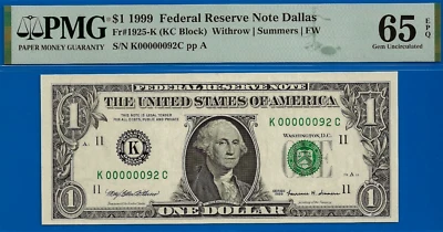 1999 $1 Federal Reserve Note PMG 65EPQ wanted popular birthday serial number 92 - Image 1 of 3