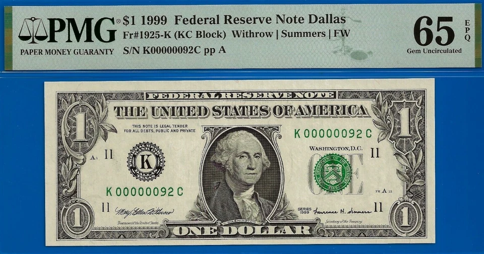 1999 $1 Federal Reserve Note PMG 65EPQ wanted popular birthday serial number 92 - Image 1 of 3