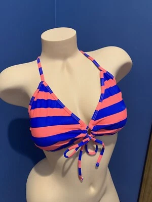 California Waves Size S bikini swim top swimsuit blue Coral stripe cross halter - Image 1 of 4