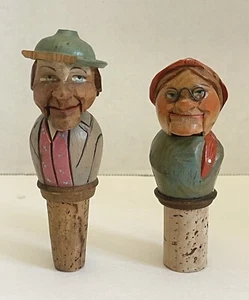 Vintage Hand Carved Wine Bottle Stoppers Painted Wood Mechanical Puppet Lot of 2 - Picture 1 of 11