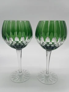AJKA Emerald Green Cut to Clear Crystal Balloon Wine Goblet Set of 2 - Foto 1 di 11