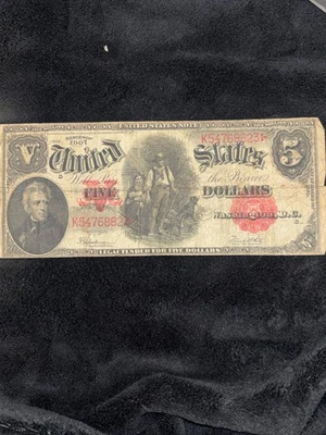 1907 $5 LARGE Size WOODCHOPPER CRISP XF+ Legal Tender United States Note! - Image 1 of 2