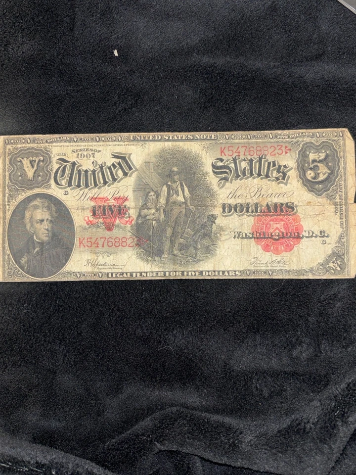 1907 $5 LARGE Size WOODCHOPPER CRISP XF+ Legal Tender United States Note! - Image 1 of 2