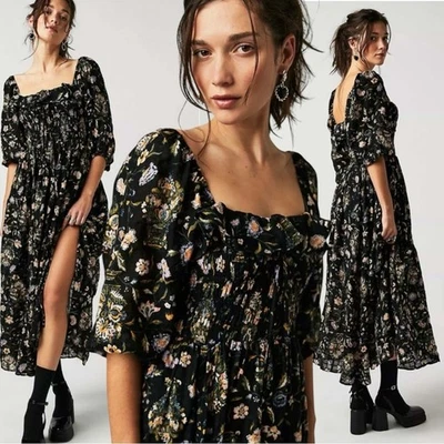 Free People Witchy Oasis Printed Midi Dress Black Floral Bohemian Medium Prairie - Image 1 of 4