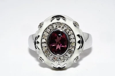 $395 .925 Sterling Silver .83CT Natural Pink Tourmaline & Diamond w/ Enamel Ring - Image 1 of 4