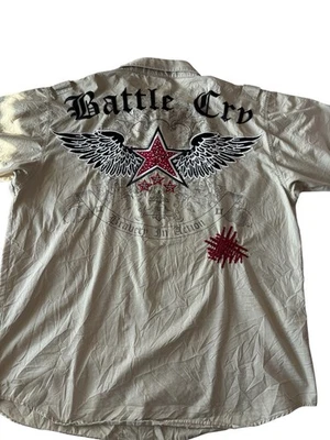Y2K Hama Jeans Men’s 2XL Khaki Embroidered Button Shirt Battle Cry Wings Stars - Image 1 of 4