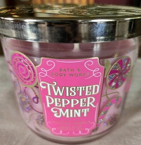 BATH & BODY WORKS WHITE BARN 3 WICK CANDLE TWISTED PEPPERMINT PINK GLITTER New - Picture 1 of 7