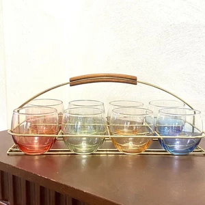 🌈Vtg Federal Glass “Over The Rainbow”Roly Poly Cocktail Glasses W/ Carrier🌈 - Picture 1 of 6