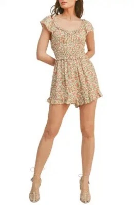 Exuberante Mameluco Floral Corto Una Pieza 100% Rayón Elástico Cintura Escote Mujer Pequeño Foto 1 de 4