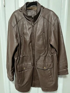 Vintage Genuine Leather Brown Trench Coat Size Large 100% Cotton Insulated Synch - Picture 1 of 9