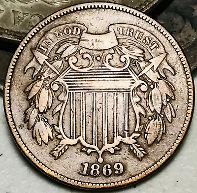 1869 Two Cent Piece 2C Ungraded Post Civil War Date US Copper Coin CC24440 - Image 1 of 4