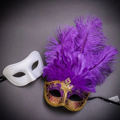 Gold Purple & White Venetian Half Face Masquerade Masks Top Feather for Couples - Image 1 of 3