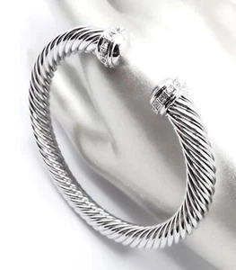 GORGEOUS Artisanal Unique Silver Twisting 12mm Cable Crystals Tip Cuff Bracelet - Picture 1 of 9