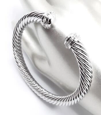 GORGEOUS Artisanal Unique Silver Twisting 12mm Cable Crystals Tip Cuff Bracelet - Image 1 of 4