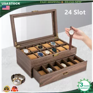 24Slot PU Leather Watch Box Case Organizer Glass Display Jewelry Storage - Picture 1 of 15