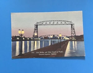 Minnesota Duluth Superior Harbor Lift Bridge Ship Canal Night Linen Postcard - Picture 1 of 2