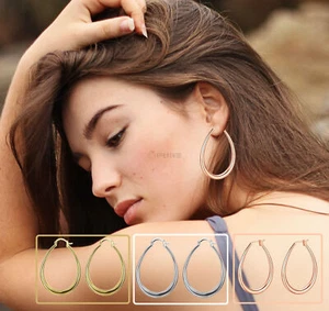 925 Sterling Silver Filled Chunky Big Oval Hollow Hoop Women's Lobe Earrings UK - Picture 1 of 48