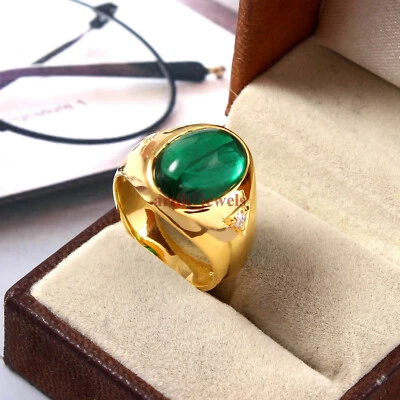 Simulierte Smaragd Edelstein Mit Vergoldet 925 Sterlingsilber Herren Ring #5911 - Bild 1 von 4