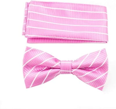 Pink & White Bow Tie + Pocket Square Set - Pre Tied Tuxedo Wedding Bow Ties - Image 1 of 4