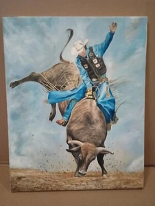 16x20 Bucking Bull Rodeo Bull Riding Oil Painting Texas Artist - Picture 1 of 6
