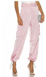 Superdown Seleste Drawstring Satin Pants Joggers NWT Sz Small Pink Silky Cargo - Picture 1 of 11
