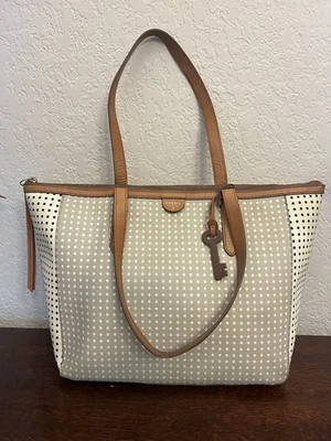 Fossil Sydney Shopper 托特包白色灰色黑色圆点帆布乙烯基皮革装饰 — 第 1/4 张图片