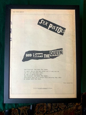 1977 MEGA RARO Original Sex Pistols Framed God Save the Queen Cartaz Promocional Anúncio - Imagem 1 de 4