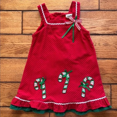 Vestido Jumper Raro Muito Vintage Natal Feriado Vermelho Verde Veludo Bolinhas 4T - Imagem 1 de 4