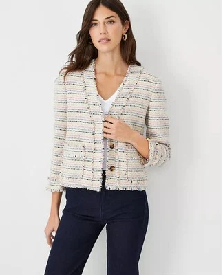 Ann Taylor spring cropped jacket tweed suit blue Shimmer pink Women's Size 0 - Image 1 of 4