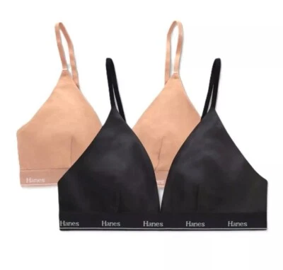 Hanes Originals Cool Comfort Size XL Triangle Bralette 2 Bra Pack Black Caramel - Image 1 of 4